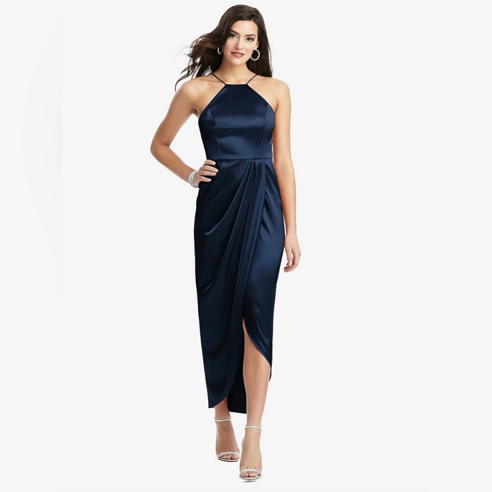NWT After Six Midnight Blue Charmeuse Halter Midi Dress Draped Tulip Skirt Sz 0